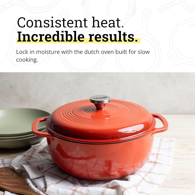 Lodge Essential Enamel Cast Iron Dutch Oven 6 Quarts - Perfect for Bread Baking, Braising, Marinating & Slow Cooking, Features Moisture-Sealing Lid & Dual Handles, Kitchen Essentials, Poppy