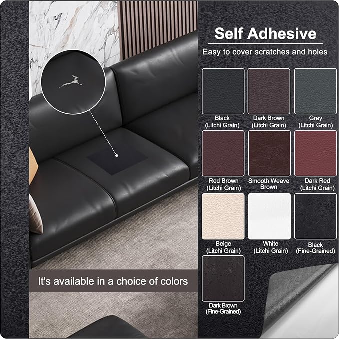 Self Adhesive Leather Repair Patch, Leather Patches for Furniture, Leather Repair Tape for Couch Sofa Car Seat Chair Furniture Repair, Leather Repair Kit (Black-Fine Grain, 17X79 Inch)
