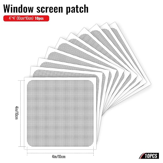 Matenf Window Screen Repair Patch, 10 Patches, 4"x 4"(10cm x 10cm), Gray, 3-Layer Strong Adhesive Window Screen Mesh Tape, Repair Kit for Window and Door Screen Tears Holes