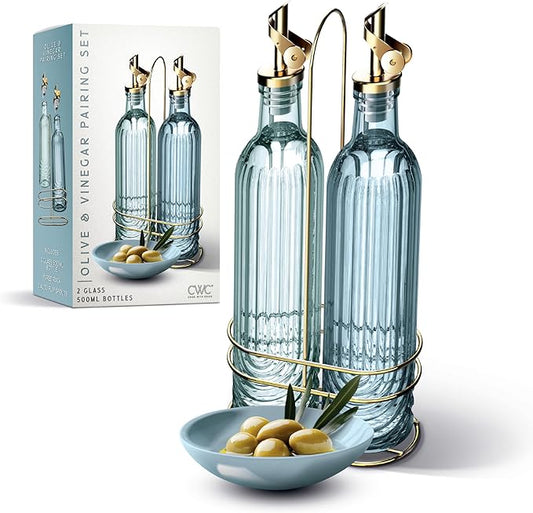 COOK WITH COLOR Glass Olive Oil Bottle Dispenser - 2 Pack- 17oz Oil and Vinegar Cruet - Olive Oil Carafe Decanter for Kitchen, Elegant Fluted, Blue