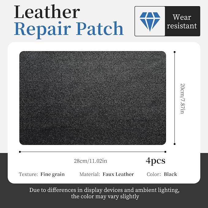 4 Pcs Leather Repair Patch Tape Self-Adhesive, 8x11In Heavy Duty Vinyl Patch, Leather Repair Kit for Furniture, Sofa, Couch, Office Chair, Car Seat, Car Interior(Black-Fine Grain)