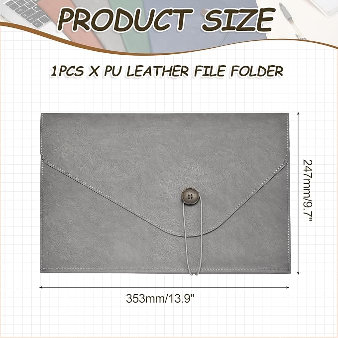 PATIKIL Leather Folder, 14x10 Leather Document Holder File Folder PU Pouch Bag Portfolio File Organizer Button Personal Envelope Waterproof for Traveling Office Men Gift, Gray
