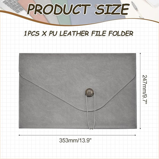 PATIKIL Leather Folder, 14x10 Leather Document Holder File Folder PU Pouch Bag Portfolio File Organizer Button Personal Envelope Waterproof for Traveling Office Men Gift, Gray