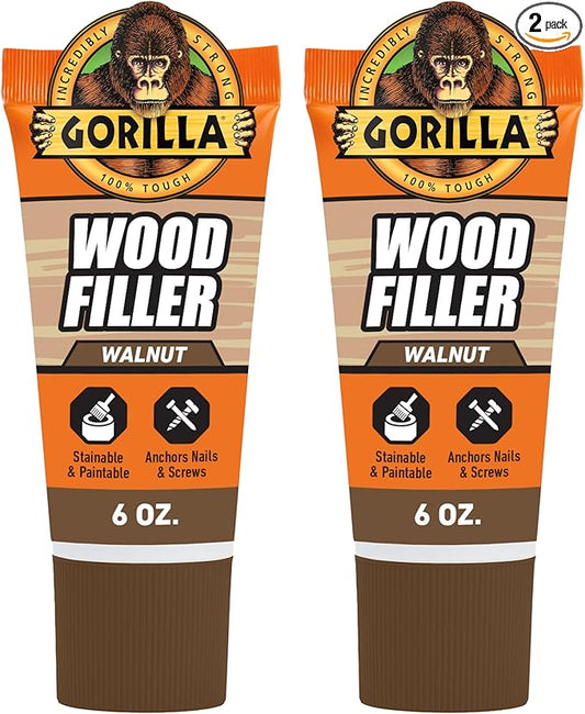 Gorilla All Purpose Wood Filler, Walnut Color, 6 Ounce Tube (Pack of 2) - Water Resistant for Indoor or Outdoor Projects and Repairs