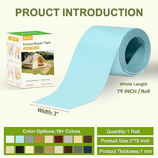Besezx Canvas Repair Tape,Outdoor Gear Patch, 3x79 Inches,Waterproof Self-Adhesive Fabric Repair Tape for Repairing Boat Covers,Sun Shades,Sofas,Tents,Lounge Chairs,Awnings (Blue)