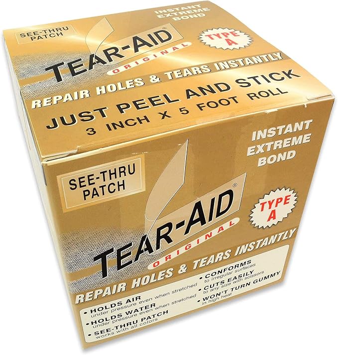 Tear-Aid Fabric Repair Kit, Type A Clear Patch for Canvas, Fiberglass, Leather, Polyester, Nylon & More, 3in x 5ft Roll, Single Pack | cycling-tire-repair-kits