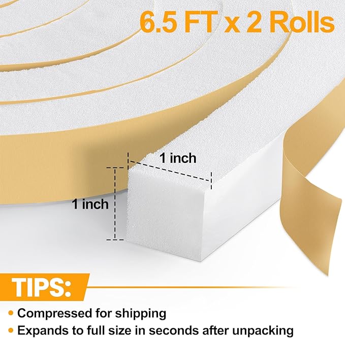 High Density Foam Tape Air Conditioner Window Seal, 1x1 Inch Thick Foam Stripe with Adhesive for Window AC Insulation, Weather Stripping for Doors and Windows Insulation, AC Foam Tape, White