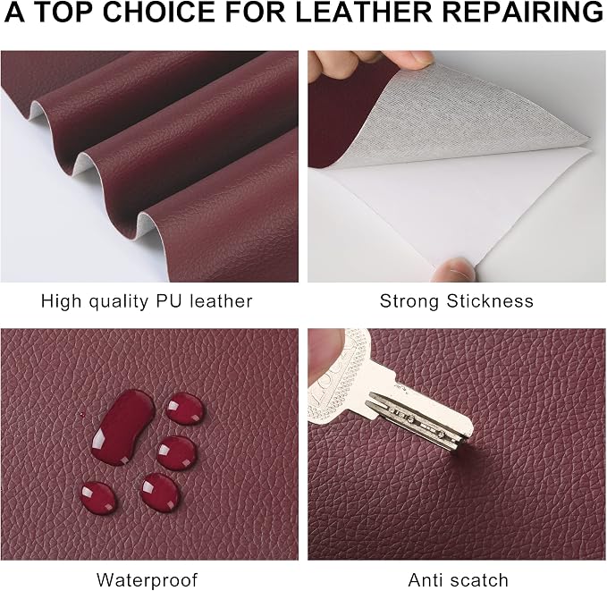 YAFLC Leather Repair Patch for Furniture, 4" x 63" Self Adhesive Leather Repair Kit Vinyl Repair Tape for Car Seat Sofa Jackets Couches Chair Dark Red