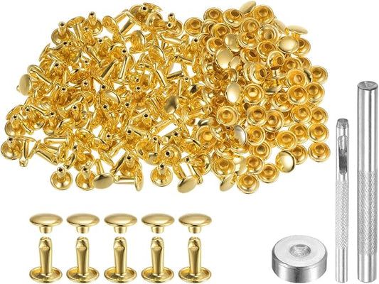 HARFINGTON 100 Sets Leather Rivets 10 x 8mm Metal Double Cap Rivet Snaps Studs Fasteners with 3pcs Setting Tools Rivets for Leather Craft DIY Repair Decoration, Gold Tone