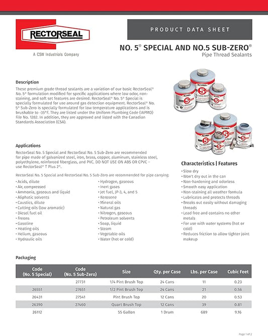 RectorSeal No. 5 26551 Pipe Thread Sealant, Lubricates & Protects Threads, Soft Setting, Slow Drying, & Permits Easy Breakout, Contains No Other Metals, 8 oz