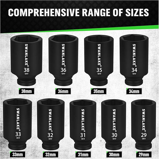 SWANLAKE 9-Piece 1/2" Impact Axle Nut Socket Set, Deep Metric Large Socket Set, 29mm 30mm 31mm 32mm 33mm 34mm 35mm 36mm 38mm, Cr-V Spindle Joint High Torque Wheel Nut Sockets