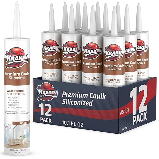 Kraken Bond Premium All Purpose Acrylic Latex Caulk - (12x10.1 fl. oz.) White Paintable Interior and Exterior Window Caulk, Baseboard, Trim, Kitchen and Bathroom - Waterproof, Odorless - 12 Pack