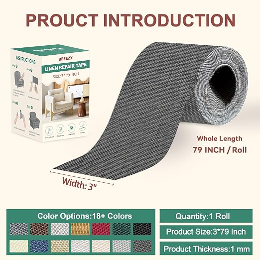BESEZX Linen Fabric Repair Tape, 3x79 Inch Self Adhesive Repair Patches, Couch Fabric Tape for Furniture, Sofa, Chair, Upholstery.(Dark Grey)
