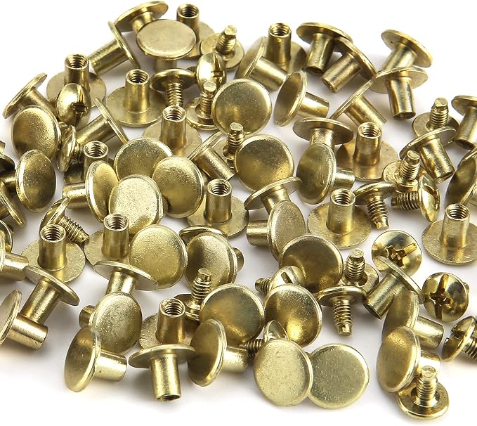YORANYO 100 Sets Gold Round Flat Head Chicago Screws - Rivets Kit for Leather Crafting, Clothing, Shoes, Belts & Bags - 25/64 Inch