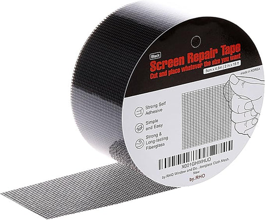 by.RHO Window Screen Repair Kit Tape. Black XL(15FT). 3-Layer Strong Adhesive & Waterproof Fiberglass Covering Wire mesh Repair for Window Screen and Screen Door tears Holes Screen Repair kit