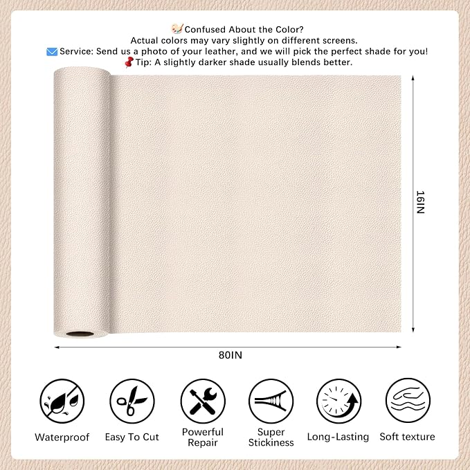 Ivory Gray Leather Repair Tape, 16x80 Inch Leather Repair Patch Self-Adhesive, Waterproof Faux Leather Patch, Vinyl Repair Tape for Couch, Sofas, Furniture, Office Chair, Car Seats