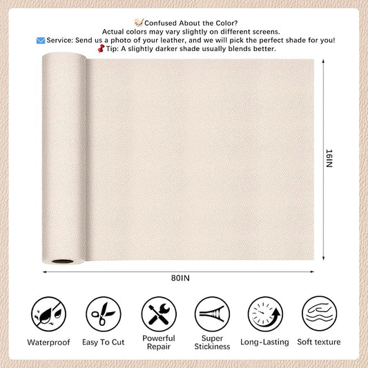 Ivory Gray Leather Repair Tape, 16x80 Inch Leather Repair Patch Self-Adhesive, Waterproof Faux Leather Patch, Vinyl Repair Tape for Couch, Sofas, Furniture, Office Chair, Car Seats