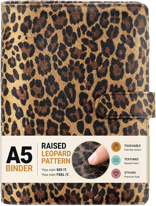 Convend A5/A6 Refillable 6 Ring Faux Leather Binder with Raised Leopard Texture,Mini Notebook Binder Cover for A5 Filler Paper,Loose Leaf Personal Planner Cover with Magnetic Buckle Closure(Leopard)