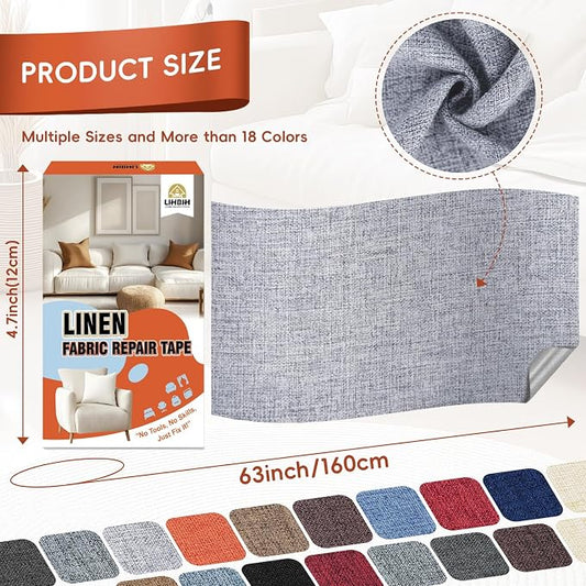 Linen Fabric Repair Tape 4.7x63 Inch, Self Adhesive Couch Patch Repair Fabric Tape for Furniture, Linen Patch Kit for Couch, Carpet, Upholstery, Chair, Sofa, Cushion, Bag (Light Grey)