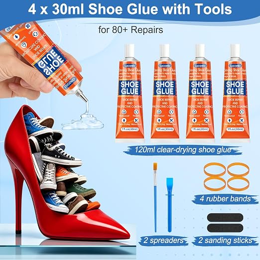Shoe Glue Soles Repair| 4 Tube 30 ML Clear Shoe Repair Glue Heavy Duty Adhesive with Tool, Dry Within 24 Hrs, High Strength| Waterproof Shoe Sole Glue Repair for Boot, Sneaker, Heel, Leather, Sneaker