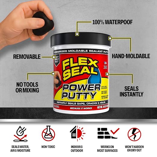 Flex Seal Power Putty, Moldable Waterproof Rubberized Sealant, Instantly Fills Gaps, Cracks, or Holes, Removable Reusable, Works Underwater, Pipes, Marine, Auto, RV, Metal, Plastic, Wood, Black 16 oz