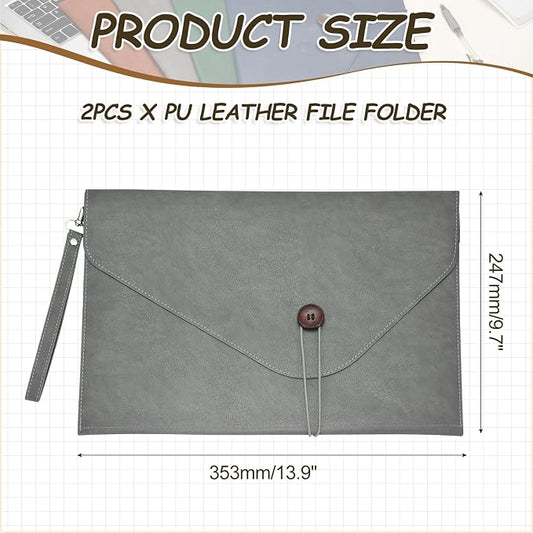 PATIKIL 2Pcs Leather Folder, 14x10 Leather Document Holder File Folder PU Pouch Bag Portfolio File Organizer Handbag Button Personal Envelope Waterproof for Traveling Men Gift, Gray
