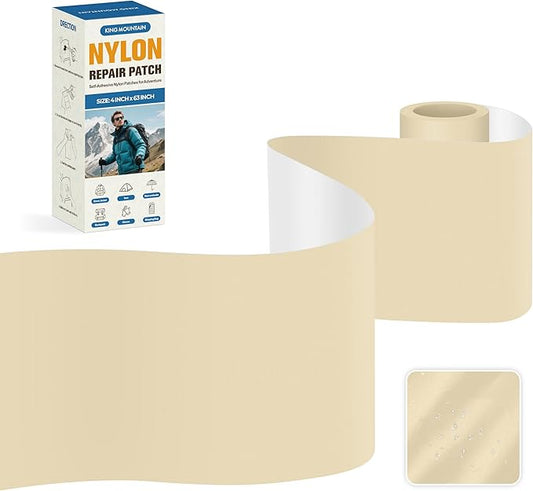 KING MOUNTAIN Self Adhesive Nylon Fabric Repair Tape, 4×63 Inches, Quick Down Jacket Repair Patch, Waterproof Outdoor Gear Patch Kit for Tent,Backpacks,Umbrella, Gloves, Sleeping Bag (Beige)