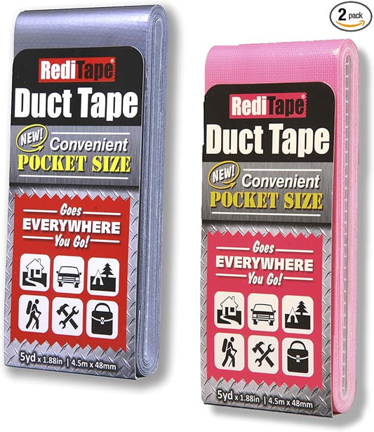 Travel Size Duct Tape Colors 2-Pack (Silver & Bubble Gum Pink) - Pocket Size Flat Mini Roll - for Repairs Outdoors Emergency Crafts - 1.88 inch x 5 Yards per Pack