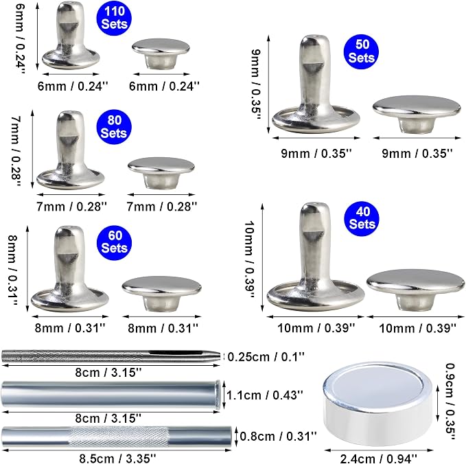 YORANYO 340 Sets Leather Rivets Kit Mixed Sizes Rivets for Leather Double Cap Rivets Studs for Clothing Fabric with Leather Crafting Rivet Tool for Repair Decorate Clothes Shoes Bags Belts (Silver)
