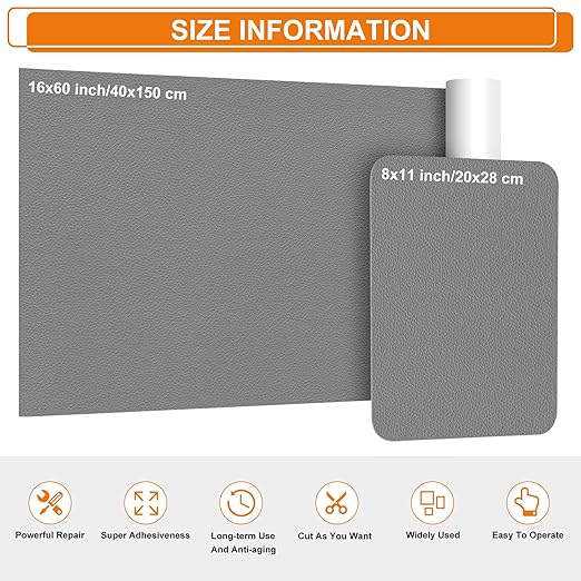 Cahomo Self-Adhesive Leather Repair Patches Tape for Couches - 8x11 inch, Vinyl & Leather Repair Kit for Furniture, Car Seats, Handbags, Jackets - Dark Grey