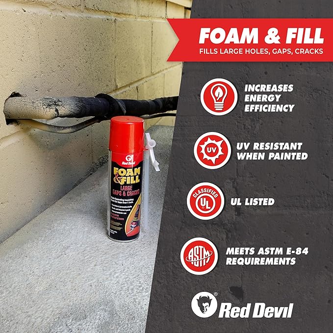 Red Devil 0909 Foam & Fill Large Gaps & Cracks Polyurethane Foam Sealant, 12 oz., Off White, 12 Pack