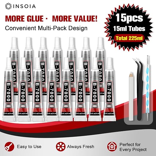 15 PCS 15ml B7000 Glue Clear with Precision Tip, Bedazzling Glue, Super Glues, Rhinestone Glue for Nail, Craft Glues, Jewelry Making, Nail Art, DIY, Makeup, Shoes
