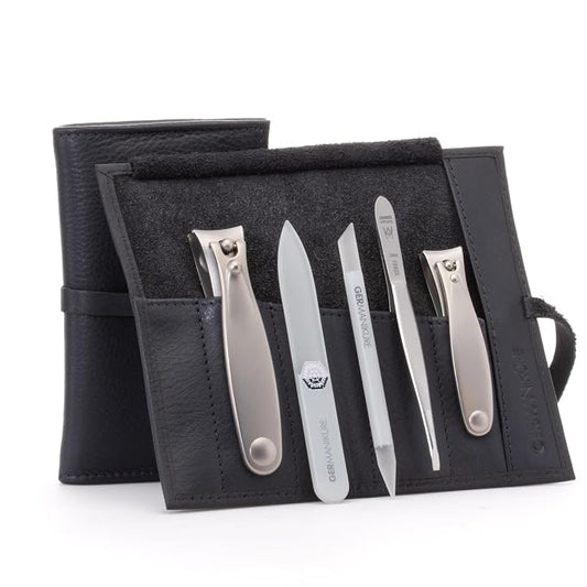 GERMANIKURE 5pc Manicure Set in Black Leather Case - Made in Solingen Germany, FINOX Stainless Steel and Crystal Glass Tools – Professional Quality Compact Nail Grooming Kit