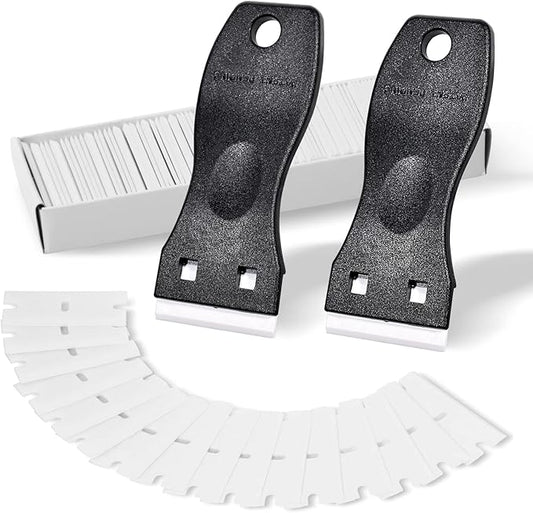 FOSHIO 2PCS Plastic Razor Blade Scraper Tool and 100PCS Plastic Blades for Gasket Remover, Sticker Remover, Labels Decal and Adhesive Remover for Windows and Glass (Dark Black)