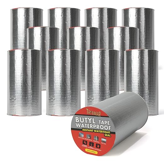 TAPEBEAR 12 Rolls Butyl Tape Waterproof Sealing Tape 8inch x16feet, Upgraded Aluminum Foil Tape Heavy Duty for RV Repair, Awning, Window, Glass & EDPM Roof Leak Patching, Boat and Pipe Sealing, Silver