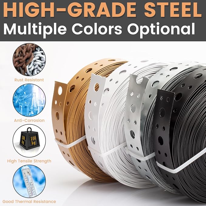 Metal Strap 1-Inch x 33FT 0.6mm Thickness for Pipe Support Pipe Hanger Strap Metal Strapping with Holes Black