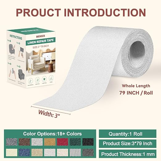 Besezx Linen Fabric Repair Tape, 3x79 Inch Self Adhesive Repair Patches, Couch Fabric Tape for Furniture, Sofa, Chair, Upholstery.(White)