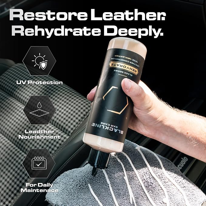 Blackline Leather Cleaner and Conditioner Care Kit with Microfiber Towel, 2 16 Fl Oz Bottles, Gentle APC and Leather Rehydrate, Cleans and Conditions Leather Car Interiors Bags Furniture & More