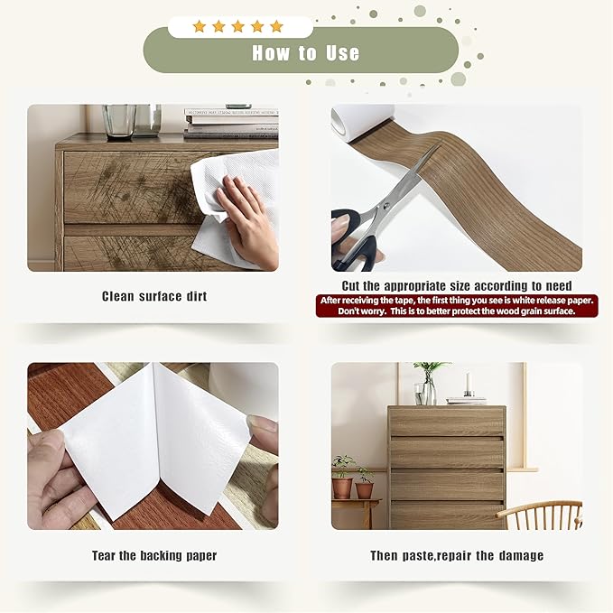 Besezx Wood Grain Repair Tape, 2.4" X15', Self Adhesive Wood Grain Repair Patch for Tables, Chairs, DIY,Baseboards, Doors, Windows, Floors and Furniture Renovation.（Black Brown）