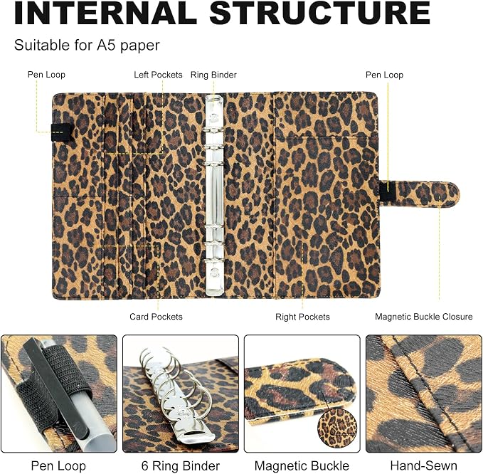 Convend A5/A6 Refillable 6 Ring Faux Leather Binder with Raised Leopard Texture,Mini Notebook Binder Cover for A5 Filler Paper,Loose Leaf Personal Planner Cover with Magnetic Buckle Closure(Leopard)