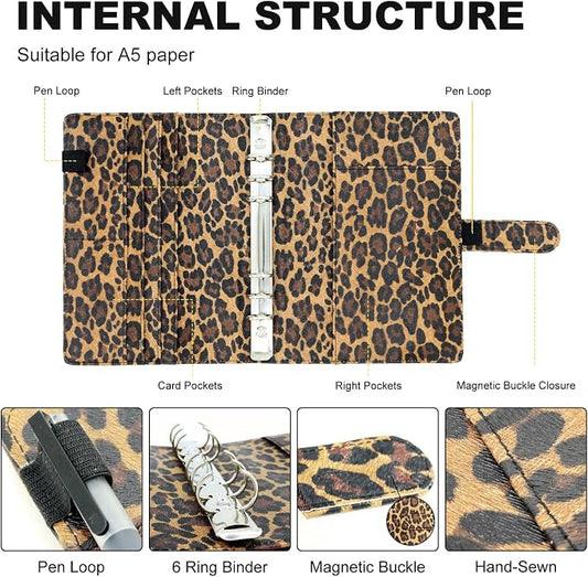 Convend A5/A6 Refillable 6 Ring Faux Leather Binder with Raised Leopard Texture,Mini Notebook Binder Cover for A5 Filler Paper,Loose Leaf Personal Planner Cover with Magnetic Buckle Closure(Leopard)