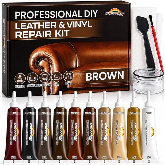 Leather & Vinyl Repair Kit for Furniture, Couch, Sofa, Chair, Car Seat | 10 Brown Shades, No Skills Needed, for Cat Scratch, Crack, Tear, Hole on Faux Upholstery, Recliner, Purse, Shoes, Jacket, RV