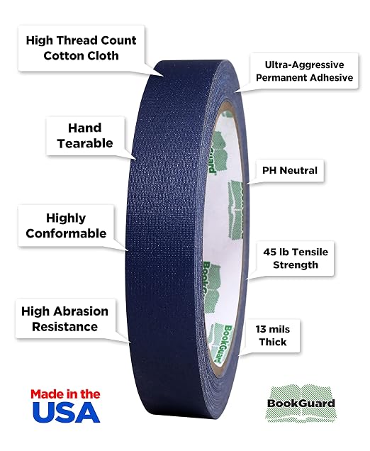 BookGuard 0.75 inch Premium Bookbinding Repair Cloth Tape, 15 Yard Roll, Navy Blue