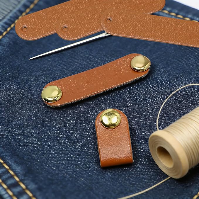 Small Brown PU Leather Handmade Tag with 8mm Rivet Button for Knits,Universal Blank Label Cute Repair Patch Soft Crochet Tape with Holes for DIY Clothing,Sewing Stamping,Keychain,Crafts Decor (15)