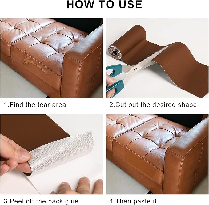 YAFLC Leather Repair Patch for Furniture, 4" x 63" Self Adhesive Leather Repair Kit Vinyl Repair Tape for Car Seat Sofa Jackets Couches Chair Caramel Brown