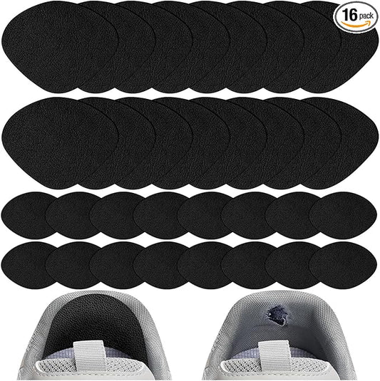 16Pair Shoe Hole Repair Patches, Self-Adhesive, Microfiber Leather, for Sneakers, Leather Shoes, High Heels, Black