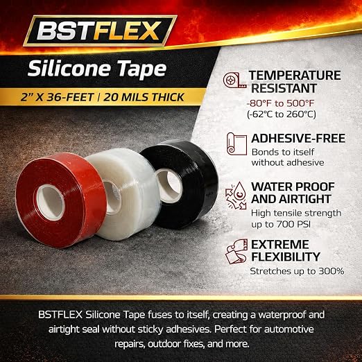 Self-Fusing Silicone Tape 2" x 36FT x 20mil Black – Waterproof & Heat-Resistant Rubber Emergency Repair Tape, Self Amalgamating for Plumbing, Hose, Electrical, Automotive & Outdoor – No Residue