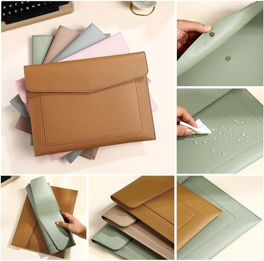 A4 Large Capacity Document Bag, Premium PU Leather File Holder, Multi-Color, Double-Layer Design, 13.39 x 10.04 Inches (Green)