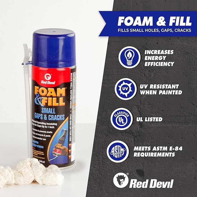 Red Devil 0913 Spray Foam & Fill Small Gaps & Cracks Expanding Insulation, Polyurethane Sealant, 12 oz, Off-White, Pack of 1