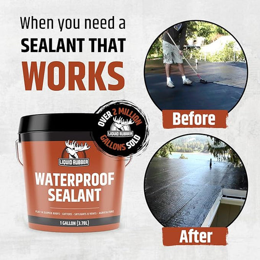 Liquid Rubber Waterproof Sealant - Waterproof Leak Repair Coating, Multi-Surface Rubber Paint, Durable Sealant for Roofs, Kit Includes- Black 5 Gallon Sealer, Caulk 10.2 oz 4 Pack, Seam Tape 4" x50'